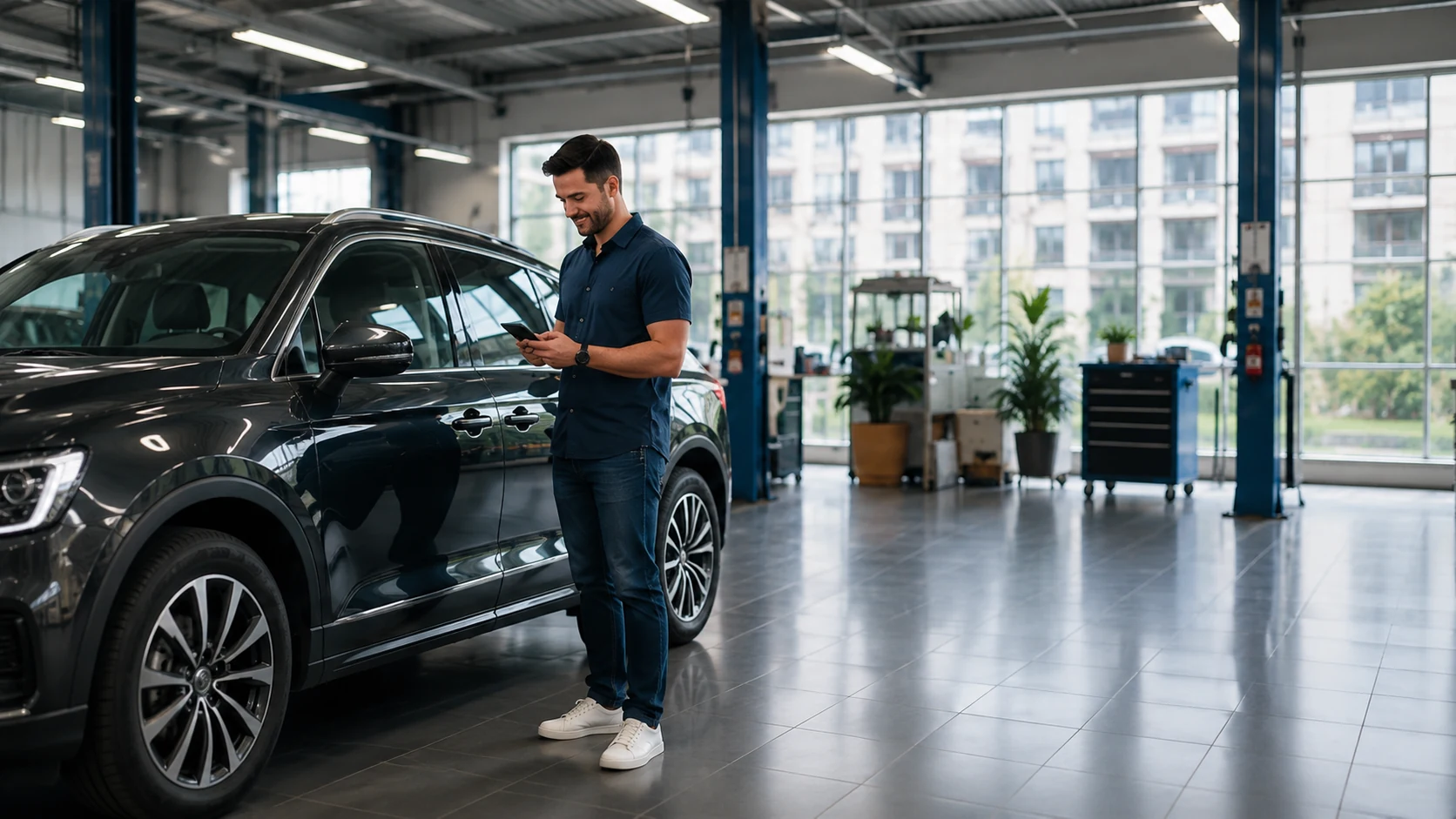 A driver at an auto repair shop reviewing an affordable monthly payment plan for a car repair